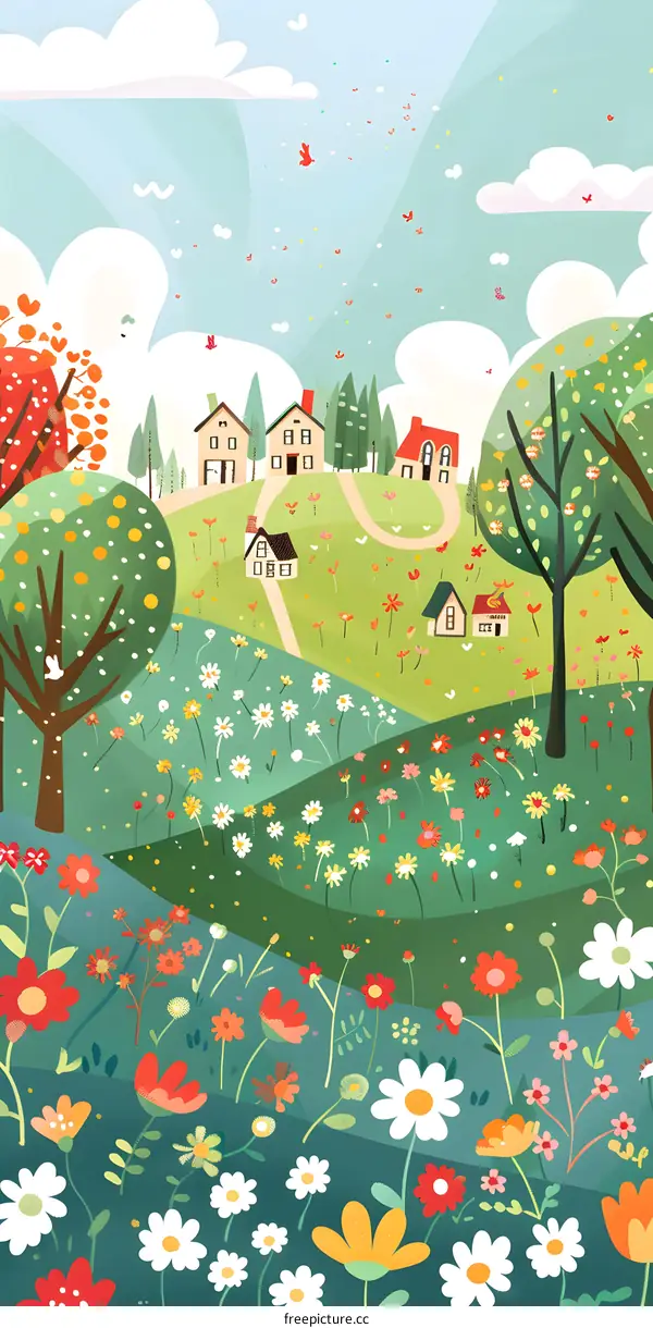 Illustrated Spring Landscape with Houses and Flowers