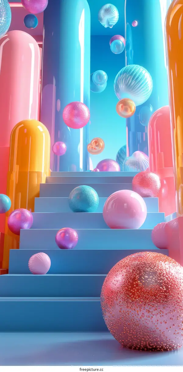 Colorful Geometric Steps with Floating Bubbles