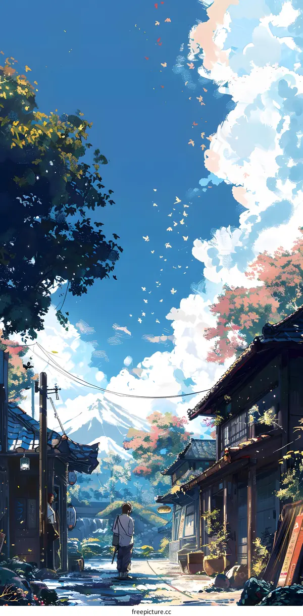 Japanese Village Illustration with Blue Sky and Mountains