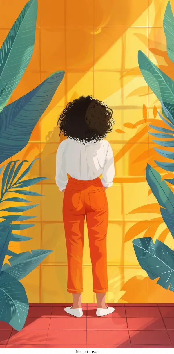 Curly Hair Girl Standing with Tropical Plants