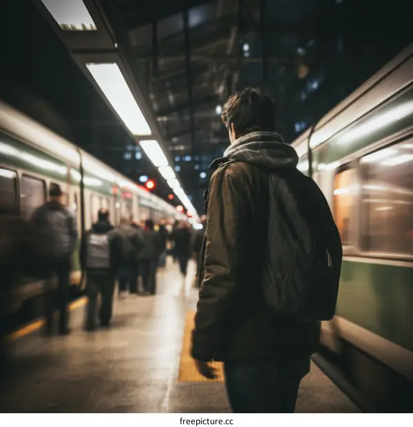 Man in a train station with blurred people in the background