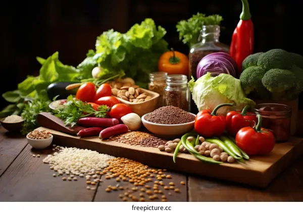 A variety of fresh vegetables and grains are arranged on a wooden table.