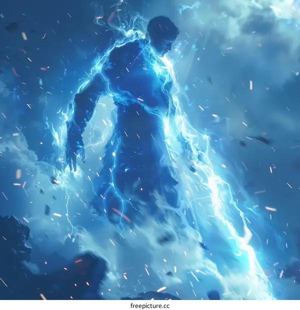 Blue electric man surrounded by lightning