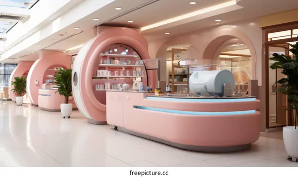 An illustration of a futuristic pink store interior with curved walls and counters