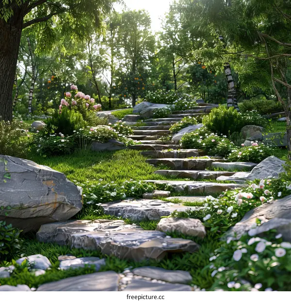 Stone Steps Leading Through a Lush Garden