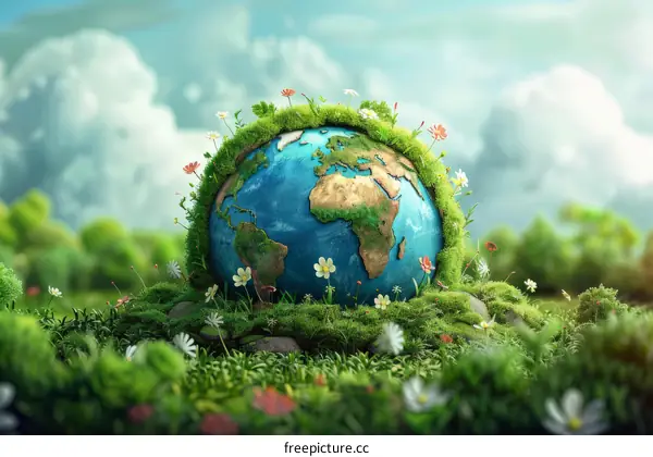 Green Earth Day illustration with flowers and grass