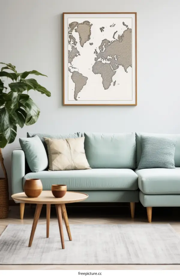 A Stylish Living Room With a World Map
