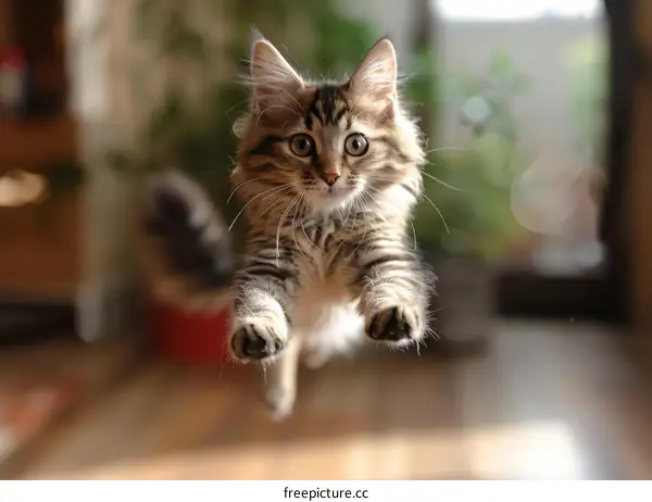 A cute kitten is jumping in the air