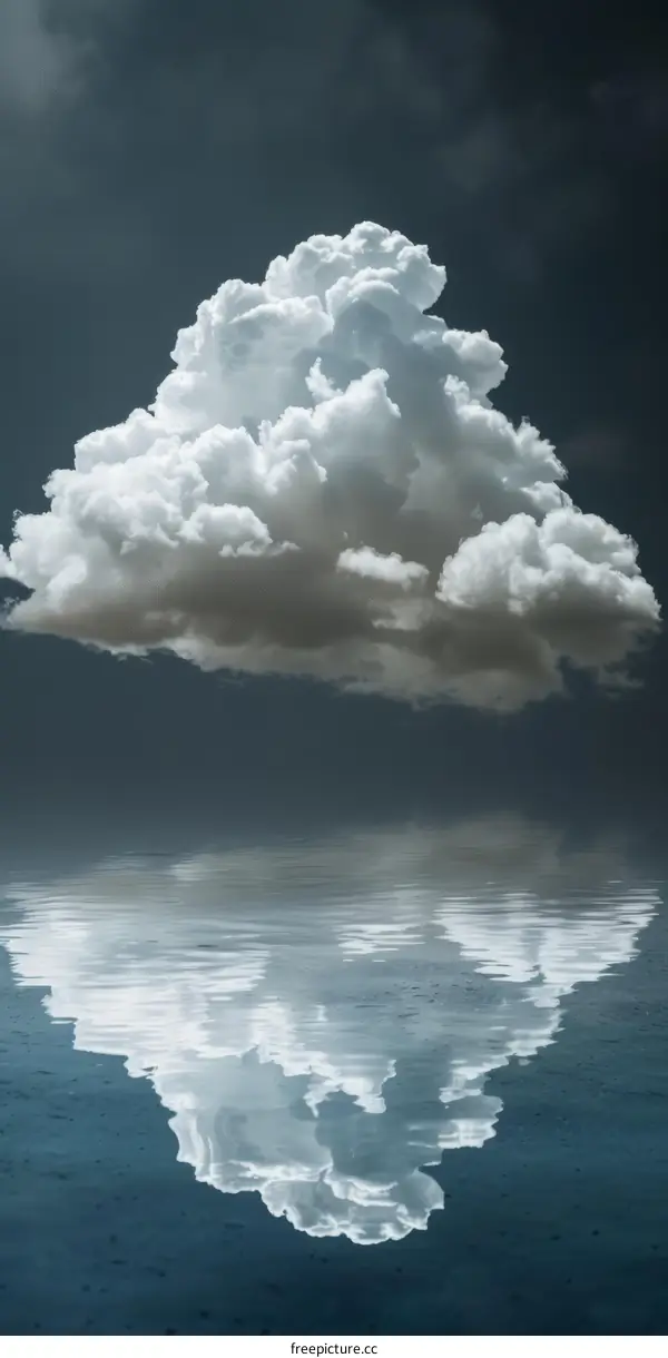 A large white cloud is floating in the sky above a dark sea.