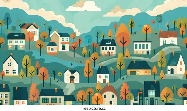 Cute Cartoon Illustration of Houses in a Hilly Landscape