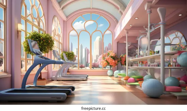 A pink and white gym with a city view