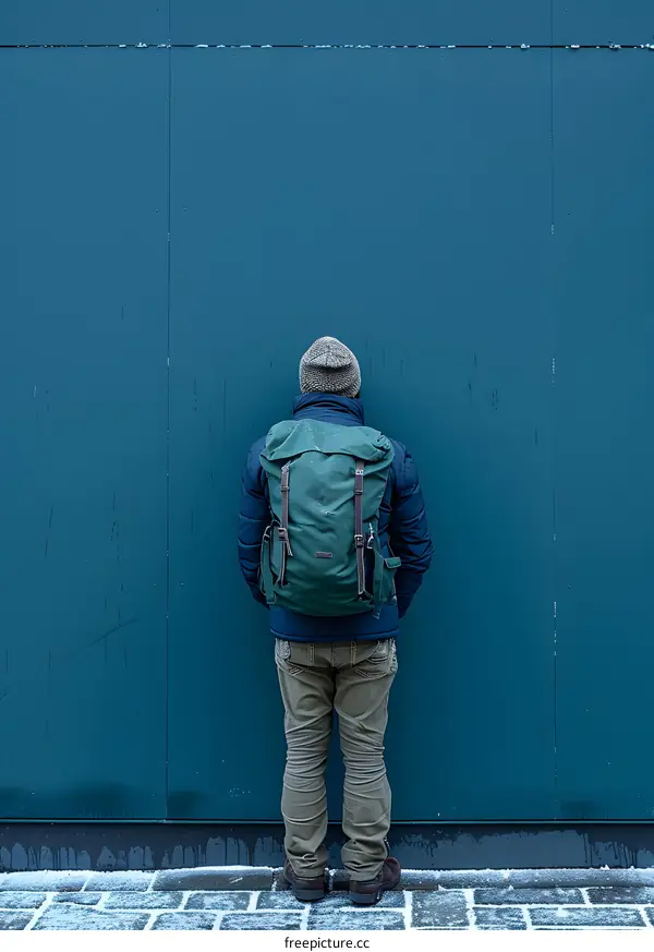 Man with Backpack Standing in Front of Blue Wall