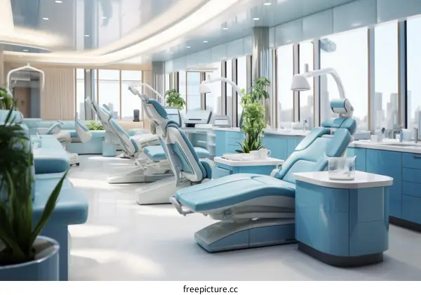 Blue and White Modern Dental Clinic with Large Windows