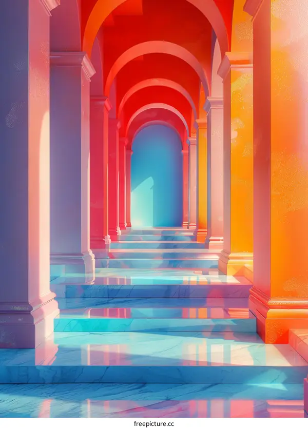 Colorful Architectural Pathway with Gradient Columns and Steps