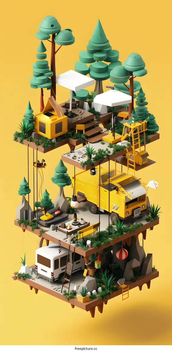 Camping Trip Illustration with a Yellow Van, Trees, and a Tent