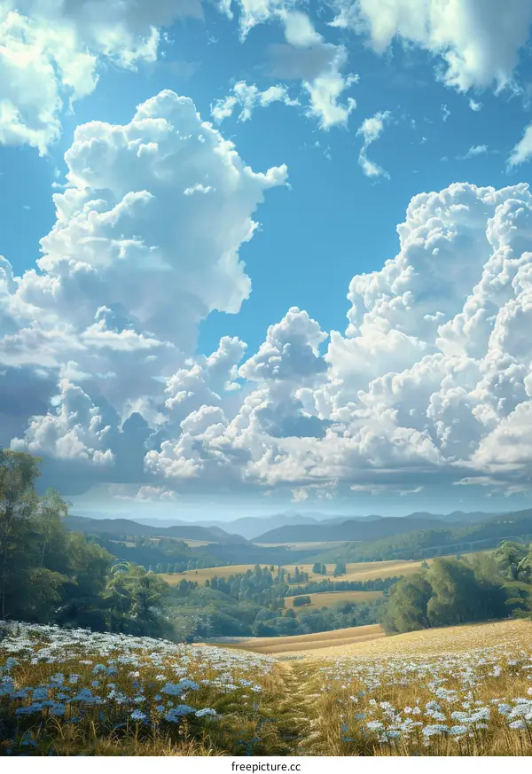 White clouds over hills and meadows