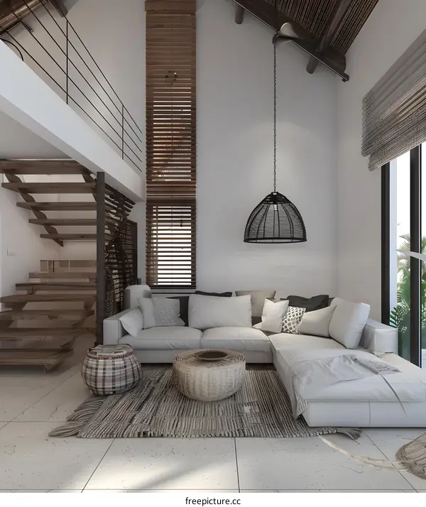 Modern Minimalist Living Room Interior Design with Wooden Staircase and White Walls