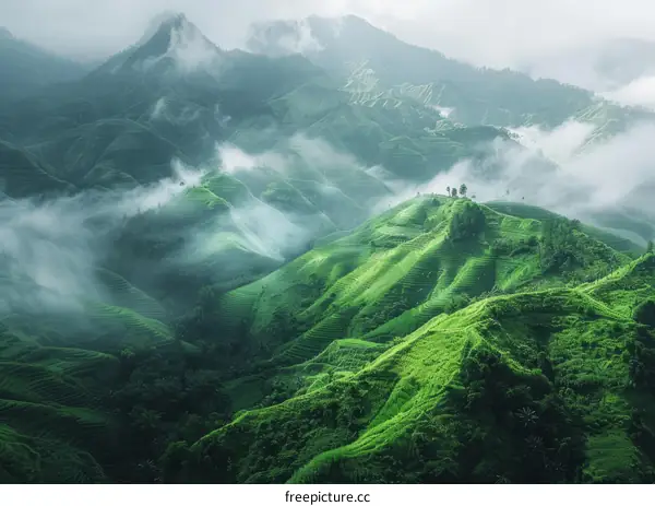 Green Hills and Mountains with Foggy Terraced Fields