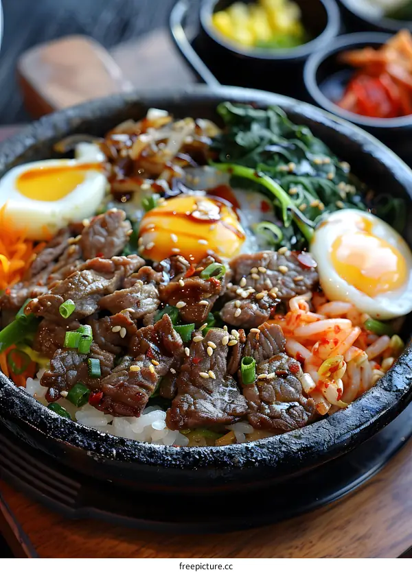 Korean food dolsot bibimbap in a stone bowl