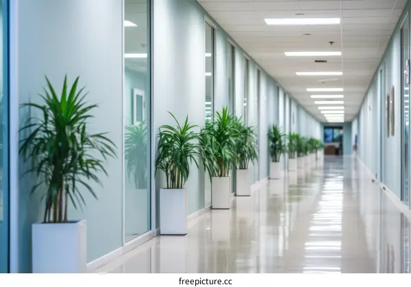 Long office hallway with green plants