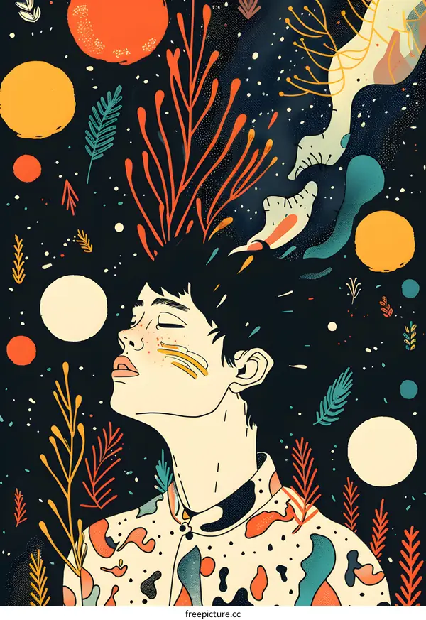 Abstract Illustration Of Person With Closed Eyes In Space With Planets And Stars