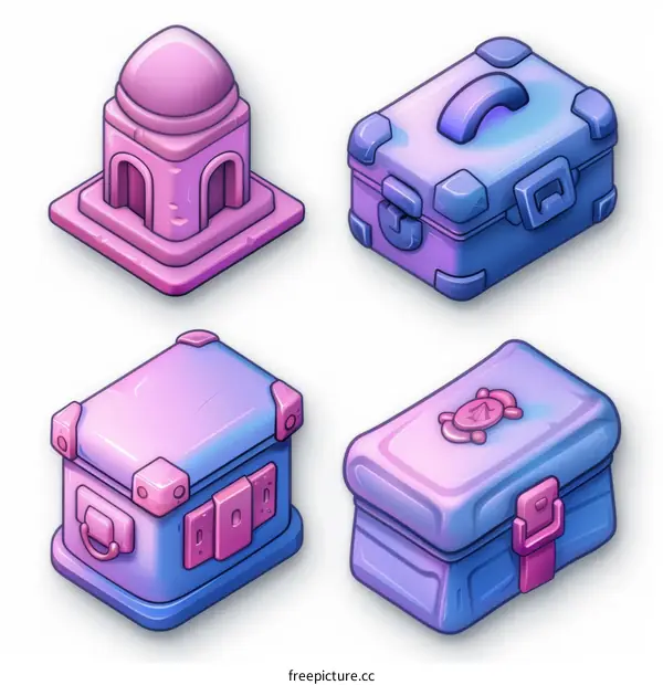 isometric colorful cartoon treasure chests