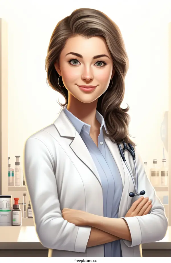 A female doctor in a white coat is standing with her arms crossed.