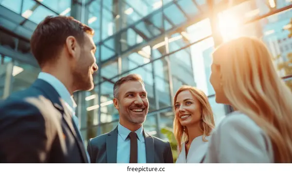Three business people are talking and smiling in an office building.