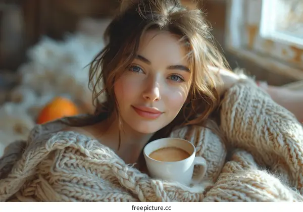 A beautiful young woman is sitting on a couch and drinking coffee.