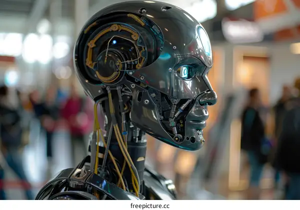 Metallic Robot Head with Blue Eyes on Display at Airport