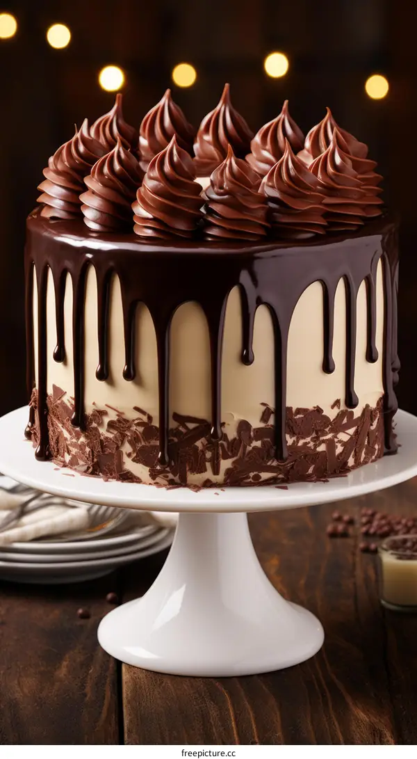 A decadent chocolate cake with chocolate frosting and drizzled ganache
