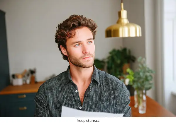 Thoughtful Caucasian Man Holding Document
