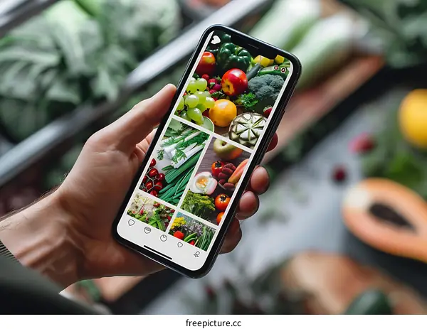 Hand Holding Smartphone With Fresh Fruits and Vegetables Photo Collage On Screen