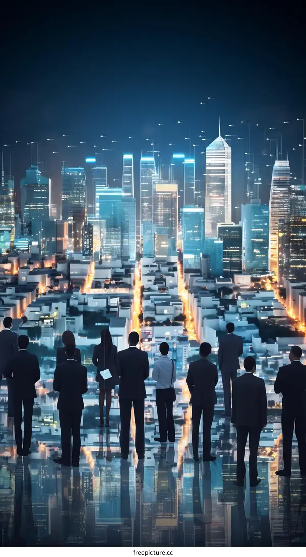 Business professionals looking at a futuristic city