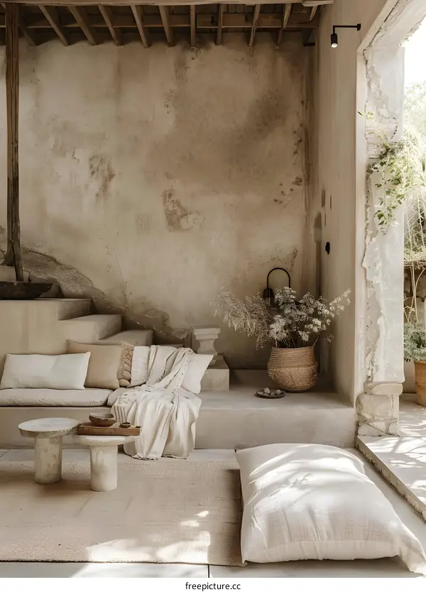 Minimalist Patio Decor with White Pillows and Cushions on a Tan Couch