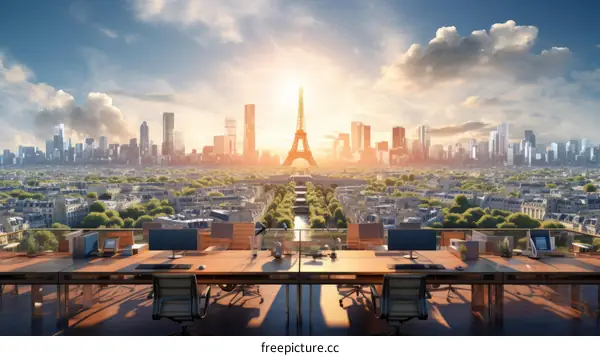Futuristic Office with Paris Skyline View