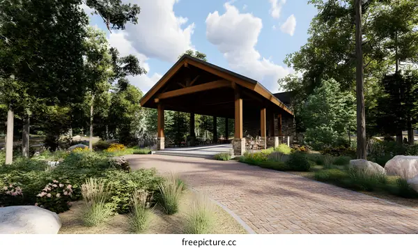 Wooden Covered Pavilion In A Forest