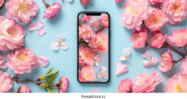 Pink Flowers on a Smartphone with a Blue Background