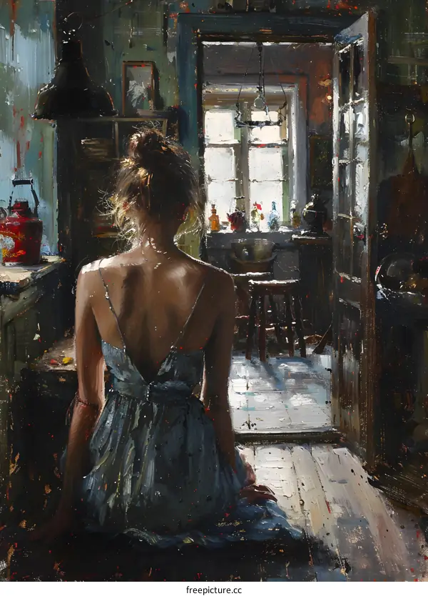 An oil painting of a woman standing in a doorway