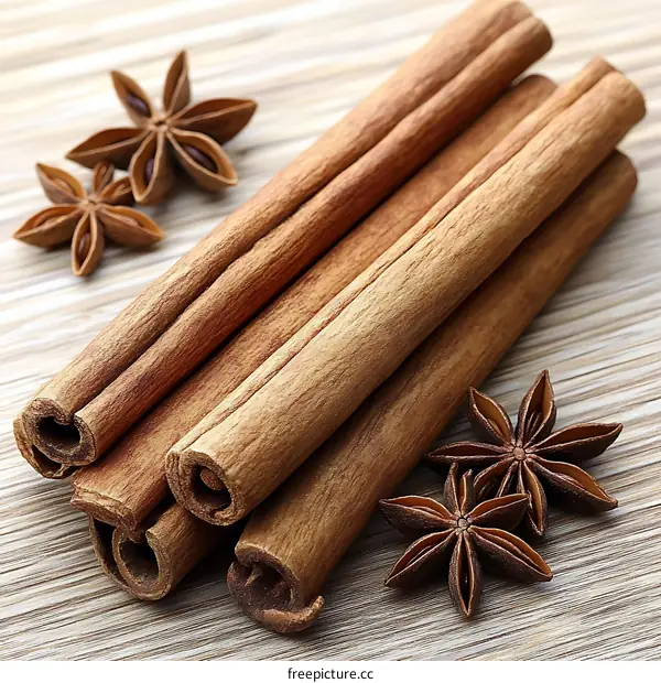 Cinnamon Sticks and Star Anise on Wooden Surface