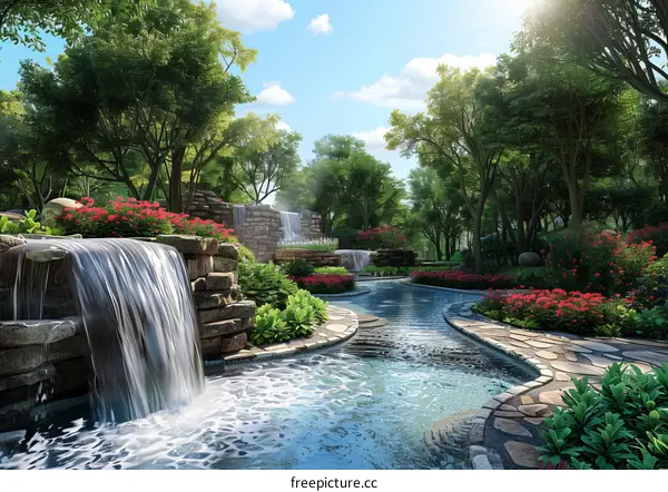 Waterfall, Creek, and Stone Path in a Green Park with Red Flowers