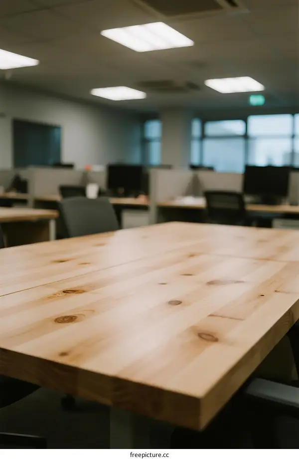 Modern office space with wooden table and workstations