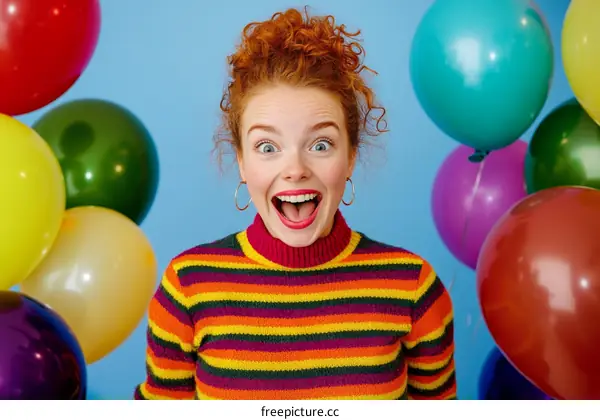 Excited Woman with Colorful Balloons