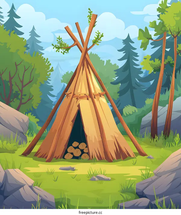 Cartoon Illustration of a Teepee in the Forest
