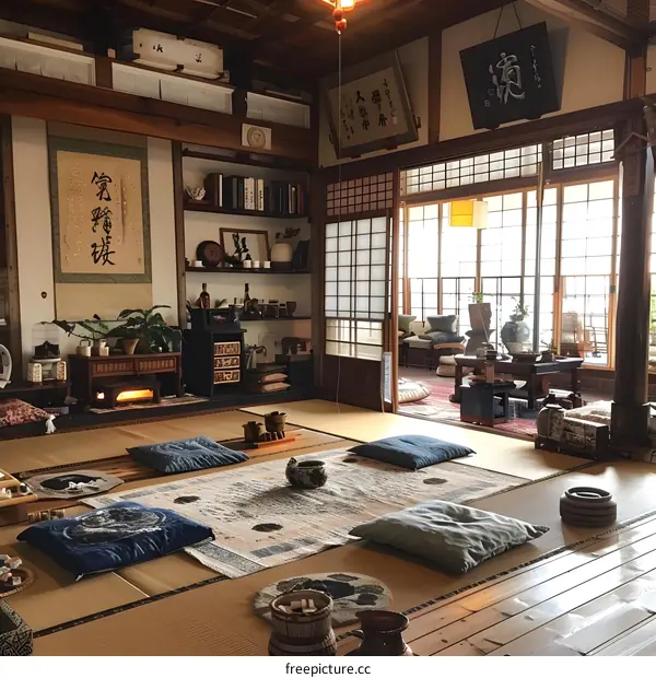 A traditional Japanese tatami room with a tokonoma and障子fusuma