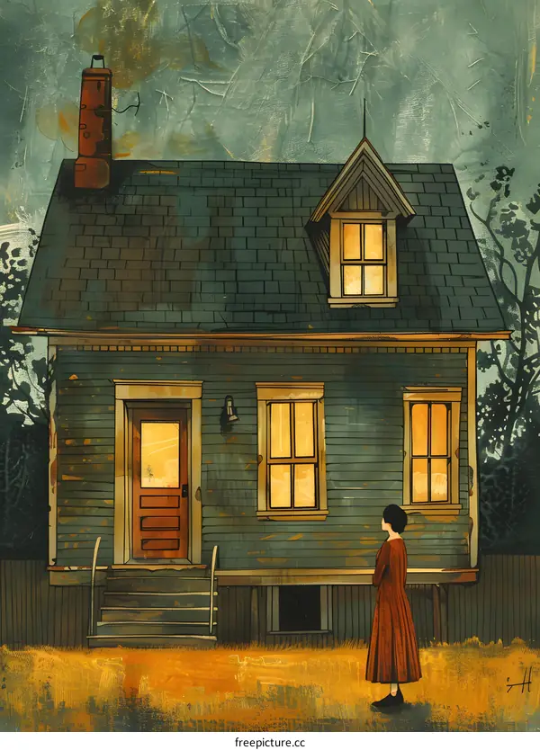 Woman Standing Outside of a House in the Dusk