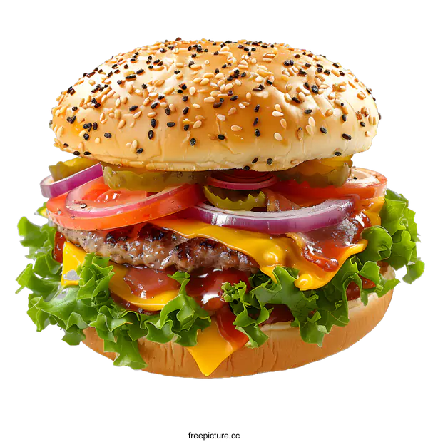 [Transparent Background PNG]Delicious burger with beef cheese and vegetables
