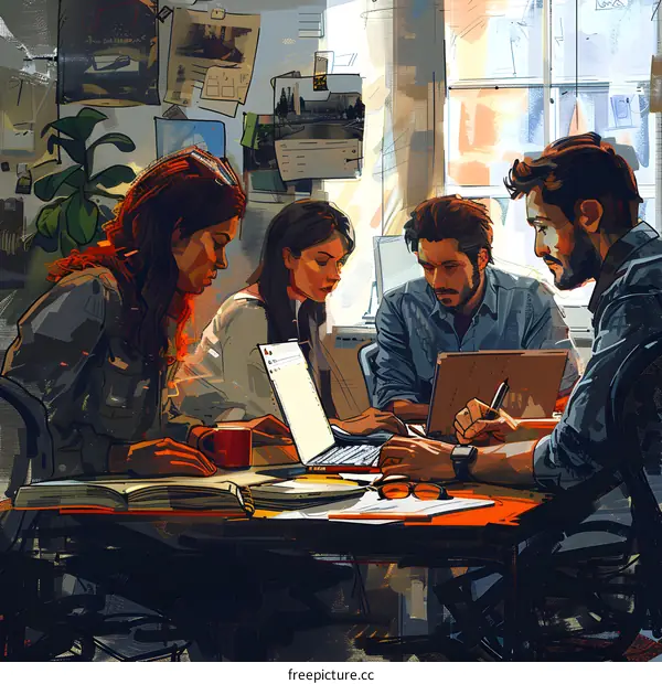 Colleagues discussing a project in an office