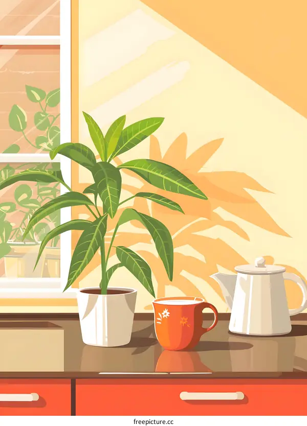 Potted Plant, Teapot, and Cup on Windowsill Illustration