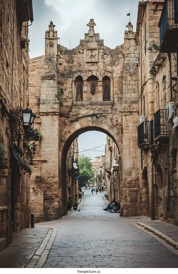 Ancient Stone Archway in a Narrow European Street